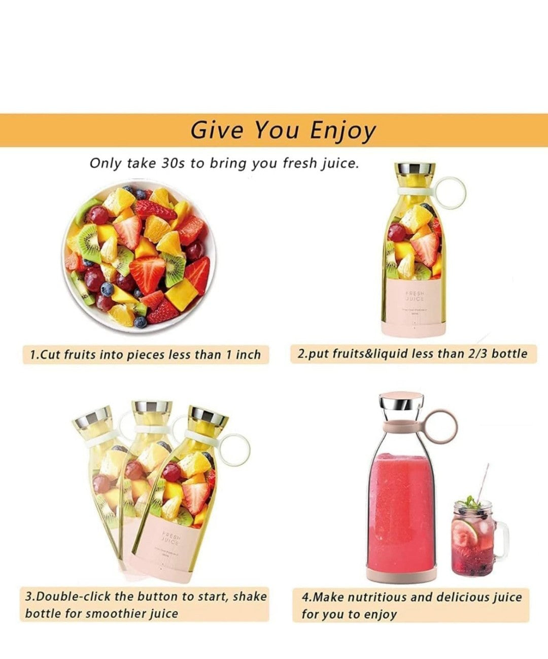 Portable Mini Juicer Blender USB Juice Maker Mixer Bottle Mini Blender Grinder Mixer, 4 Steel Blades Rechargeable Bottle, Milkshake Fruit Vegetable Grinder for Home Office Travel Gym (Multicolour)