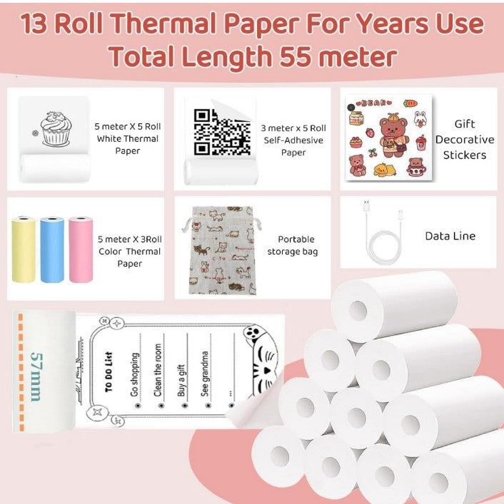 Mini Bluetooth Thermal Printer, Portable Label Printer Inkfree Printer for Android & iOS System, Black on White Thermal Printer with 13 Roll of Print Paper, Stickers, Pink