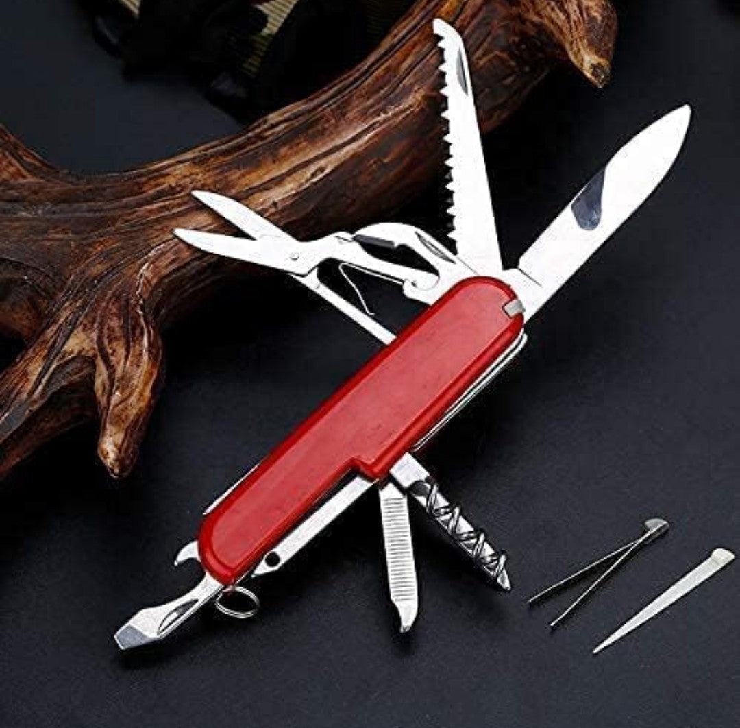 Prabhu99 Swis Knife, Red 10 in 1 Multi-Function With Can Opener, Scissor,Hook Remover, Saw, Knife,Screwdriver, Leather Punch, Nail File, Needle, Wine Opener, Bottle Opener Etc