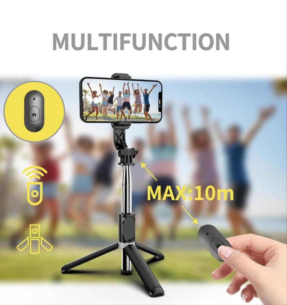R1 Bluetooth Selfie Sticks with Remote, 3-in-1 Multifunctional Selfie Stick Tripod Stand Mobile Stand Compatible with All Phones (Black)