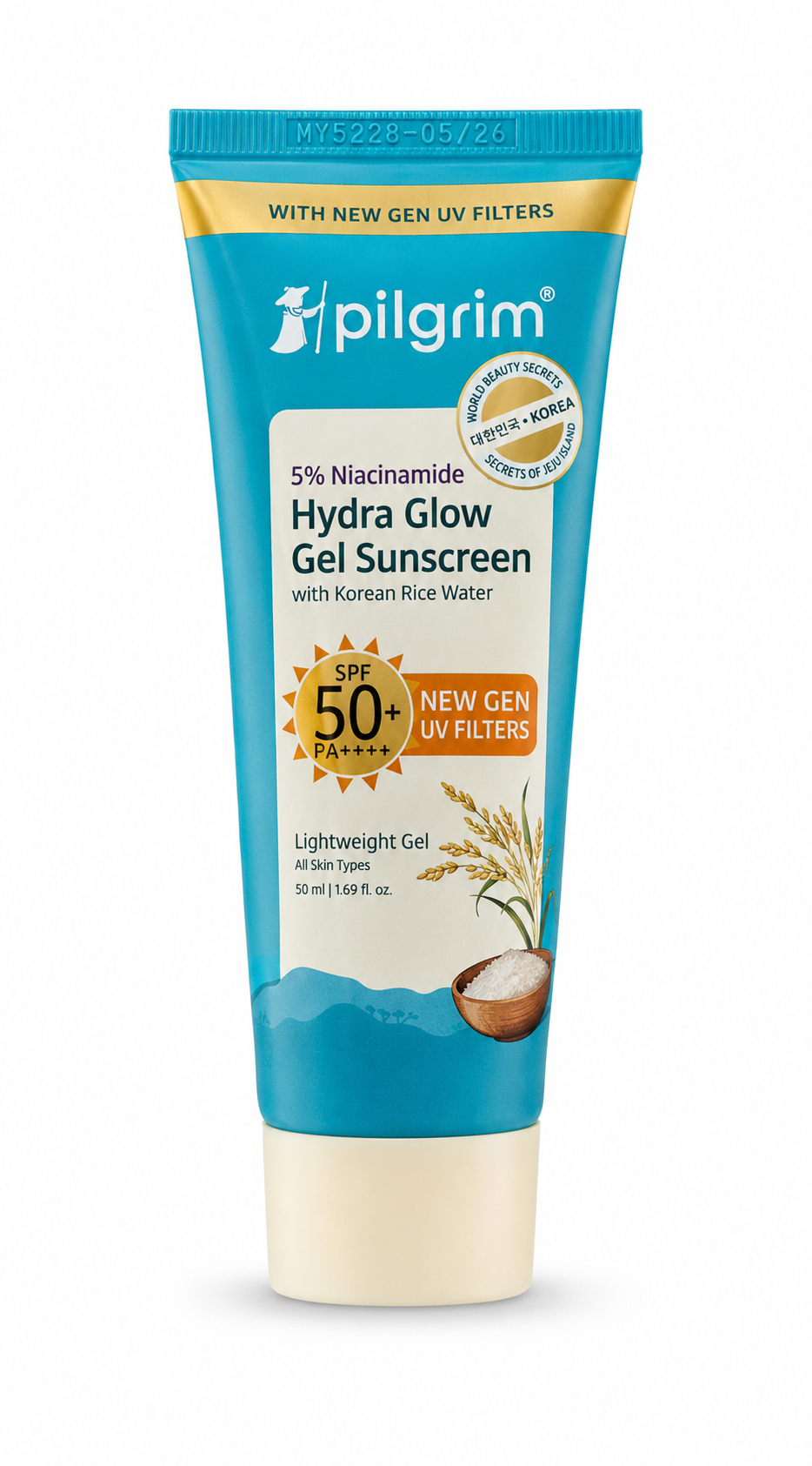 Pilgrim Hydra Glow Gel Sunscreen SPF 50+ PA++++ with Korean Rice Water & 5% Niacinamide (50ml)