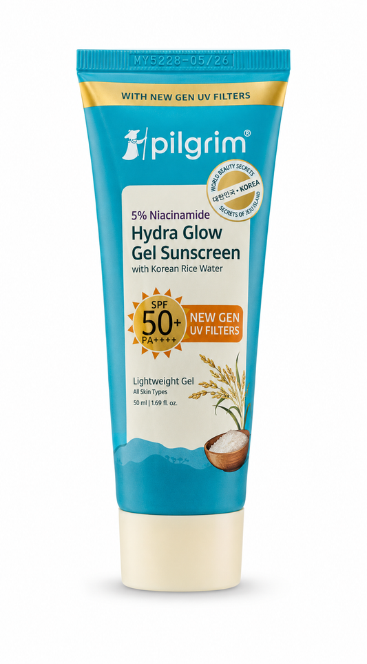 Pilgrim Hydra Glow Gel Sunscreen SPF 50+ PA++++ with Korean Rice Water & 5% Niacinamide (50ml)