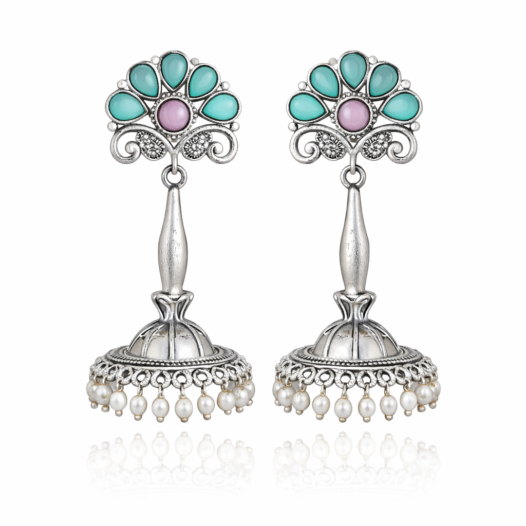 Elegant Oxidised Silver Peacock Jhumka Earrings with Pearl Drops