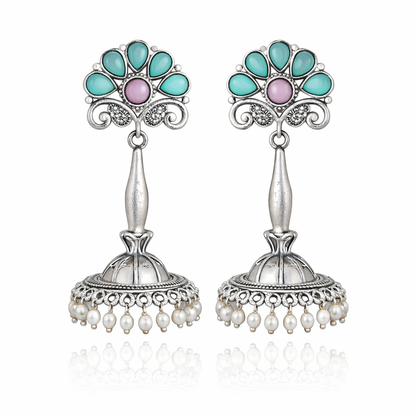 Elegant Oxidised Silver Peacock Jhumka Earrings with Pearl Drops