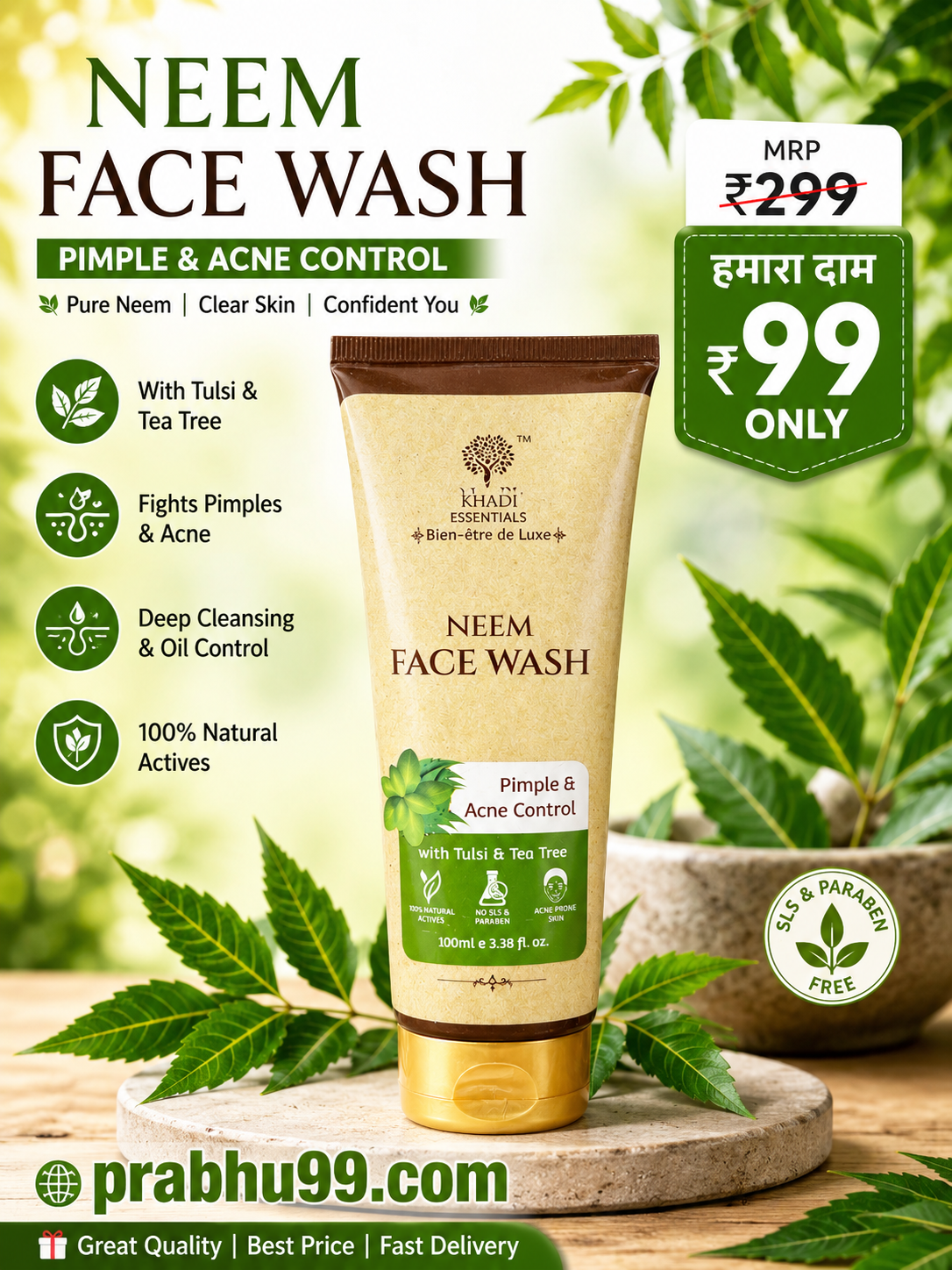 Khadi Essentials Neem Face Wash with Tulsi & Tea Tree – Pimple & Acne Control (100ml)