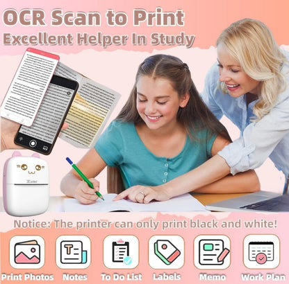 Mini Bluetooth Thermal Printer, Portable Label Printer Inkfree Printer for Android & iOS System, Black on White Thermal Printer with 13 Roll of Print Paper, Stickers, Pink