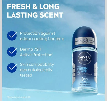 NIVEA Men Fresh Active 72H Antibacterial Deodorant Roll-On