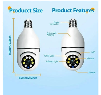 Wi-Fi CCTV Camera E27 MODEL1080p Wireless PTZ Bulb Shape V380 Pro | Indoor 360° Smart Home Security Camera Light Vision 24x7 Continuous Recording with Motion Sensor LED Lights
