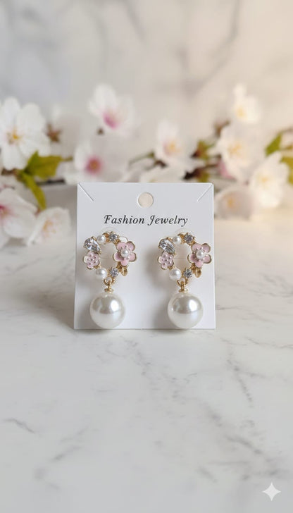 Korean Designer Pearl Drop Earrings (Floral Style)