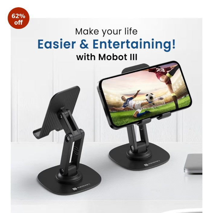 360° Rotatable & Foldable Mobile Phone Holder With Stable Metallic base,Adjustable Height, Anti Skid Pad,Tabletop Mobile Phone Stand for all Smartphones,tablets,Kindle,ipad(Black)