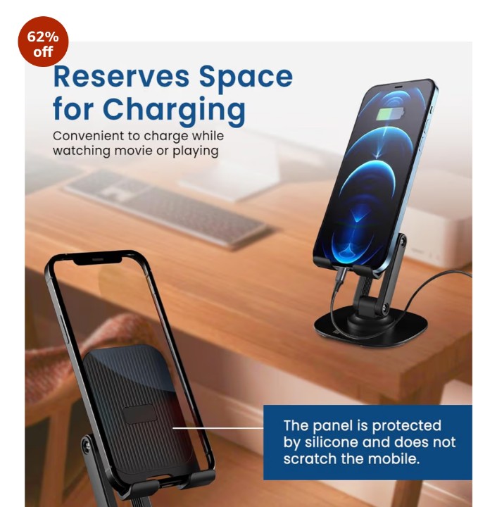 360° Rotatable & Foldable Mobile Phone Holder With Stable Metallic base,Adjustable Height, Anti Skid Pad,Tabletop Mobile Phone Stand for all Smartphones,tablets,Kindle,ipad(Black)