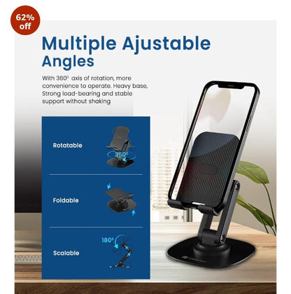 360° Rotatable & Foldable Mobile Phone Holder With Stable Metallic base,Adjustable Height, Anti Skid Pad,Tabletop Mobile Phone Stand for all Smartphones,tablets,Kindle,ipad(Black)