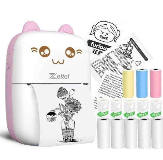 Mini Bluetooth Thermal Printer, Portable Label Printer Inkfree Printer for Android & iOS System, Black on White Thermal Printer with 13 Roll of Print Paper, Stickers, Pink