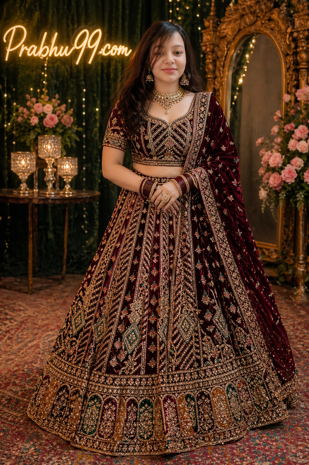 Royal Velvet Designer Bridal Lehenga (Maroon & Gold Embroidery)