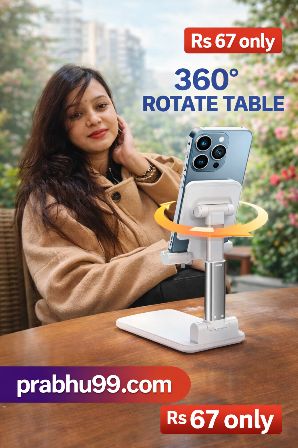 360° Rotatable & Foldable Mobile Phone Holder With Stable Metallic base,Adjustable Height, Anti Skid Pad,Tabletop Mobile Phone Stand for all Smartphones,tablets,Kindle,ipad(Black)