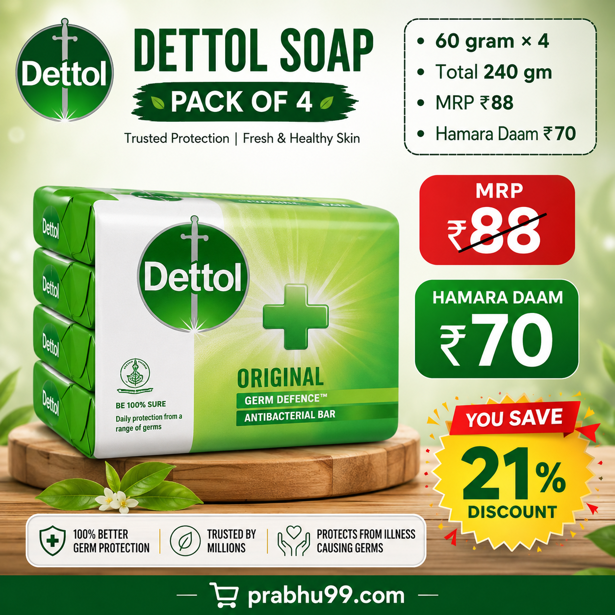 Dettol Original Germ Defence Soap Pack of 4 (60gm x 4 Bars) – Total 240gm