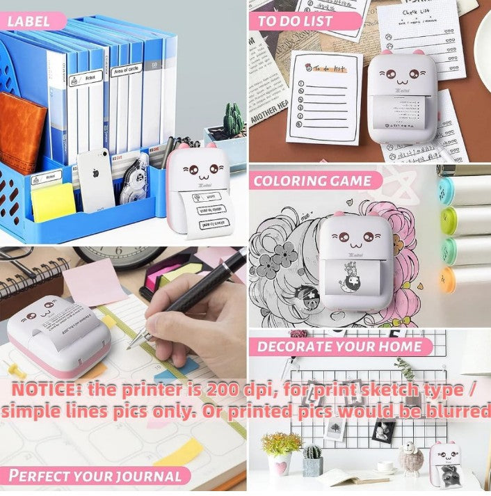 Mini Bluetooth Thermal Printer, Portable Label Printer Inkfree Printer for Android & iOS System, Black on White Thermal Printer with 13 Roll of Print Paper, Stickers, Pink