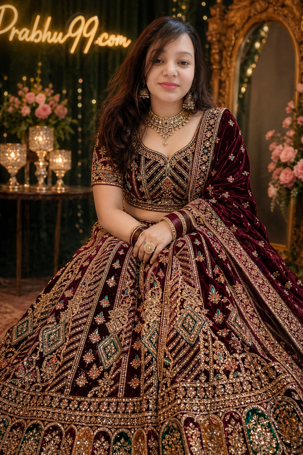 Royal Velvet Designer Bridal Lehenga (Maroon & Gold Embroidery)
