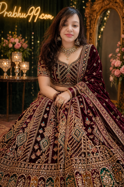 Royal Velvet Designer Bridal Lehenga (Maroon & Gold Embroidery)