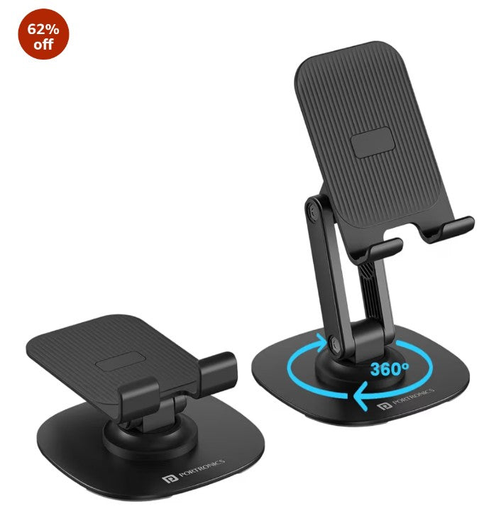 360° Rotatable & Foldable Mobile Phone Holder With Stable Metallic base,Adjustable Height, Anti Skid Pad,Tabletop Mobile Phone Stand for all Smartphones,tablets,Kindle,ipad(Black)