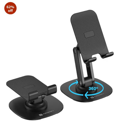 360° Rotatable & Foldable Mobile Phone Holder With Stable Metallic base,Adjustable Height, Anti Skid Pad,Tabletop Mobile Phone Stand for all Smartphones,tablets,Kindle,ipad(Black)